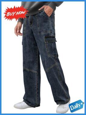 Wide Leg Baggy Cargo Jeans Elastic Waist 100% Cotton Denim Pants